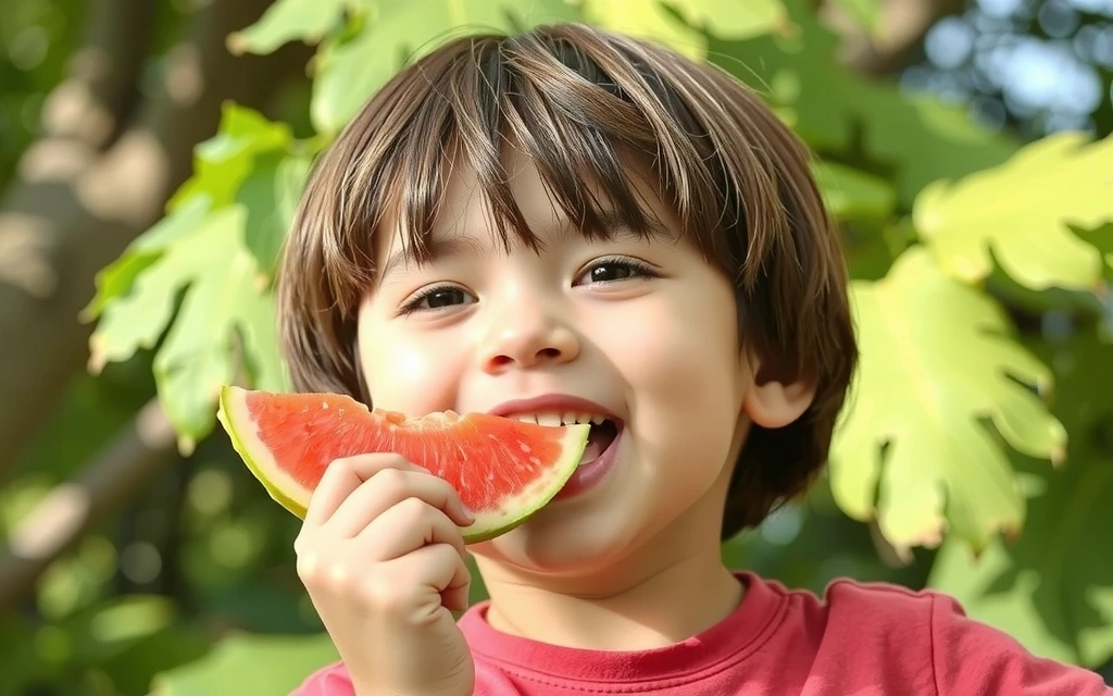 Bambino che mangia frutta fresca con gioia