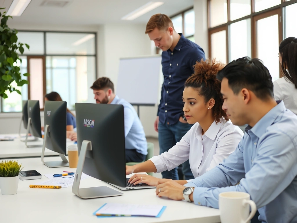 Ufficio moderno con persone che lavorano e interagiscono, simboleggiando la gestione dei dati in un ambiente professionale.