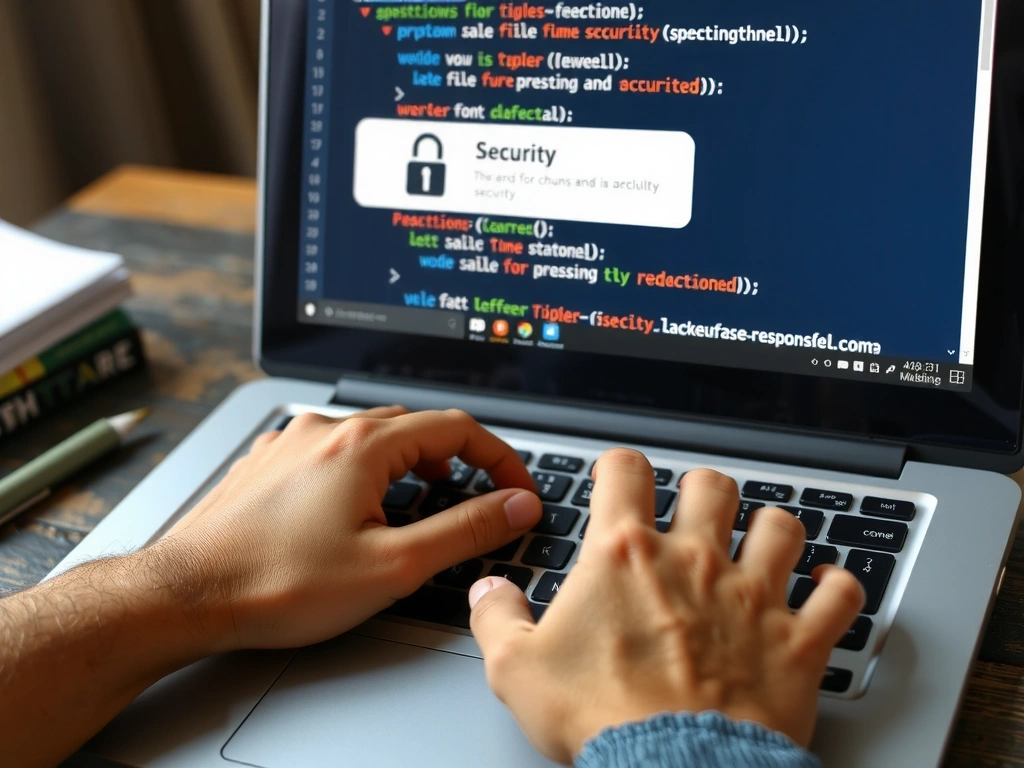 Mani che digitano su una tastiera di un computer portatile, con uno schermo che mostra il codice del sito web e avvisi di sicurezza.